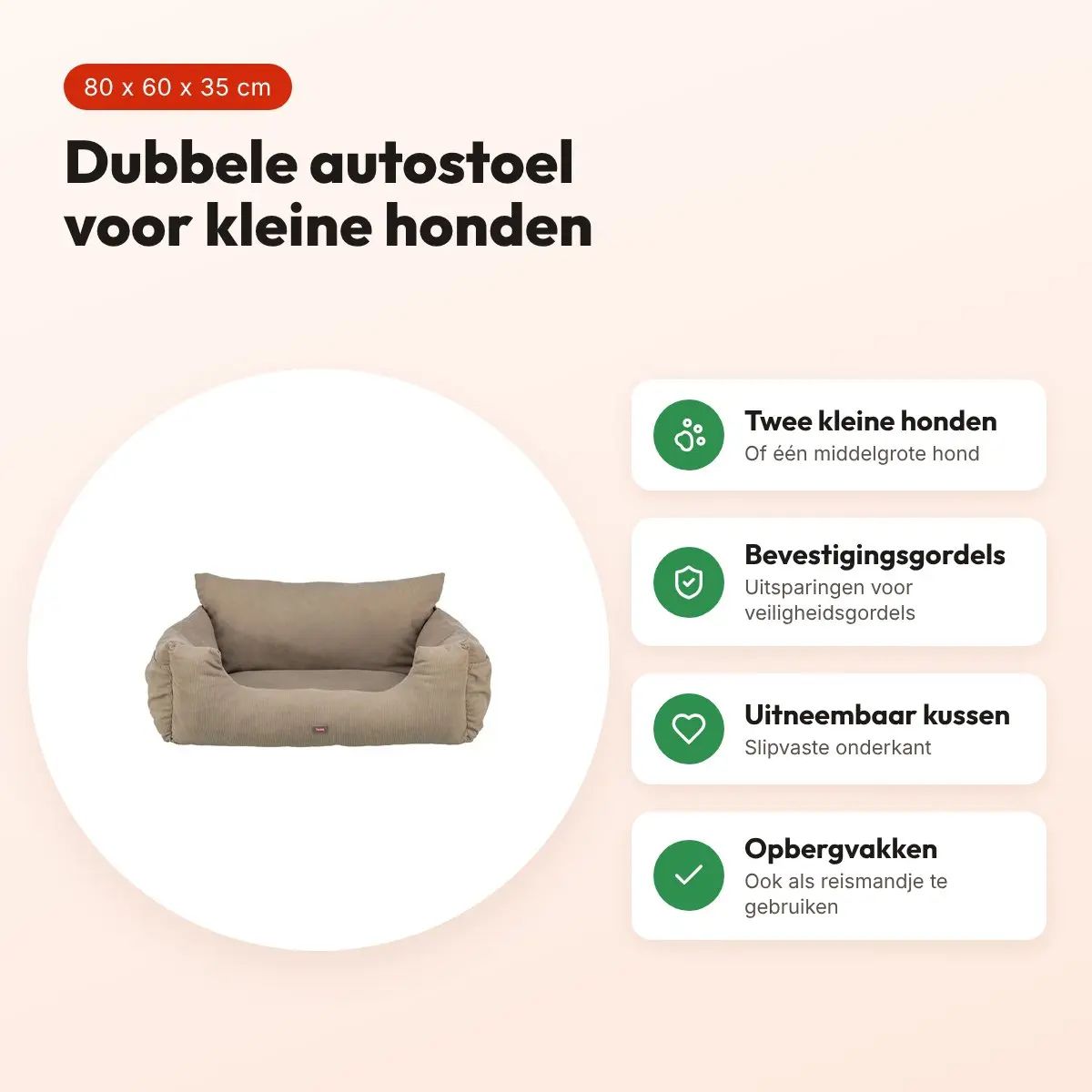 Trixie autostoel dubbel taupe 80 x 60 x 35 cm – voor 2 kleine honden – voordelen
