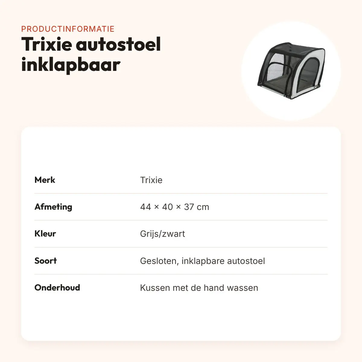 Trixie autostoel grijs/zwart 44 x 40 x 37 cm – inklapbaar, gesloten – productinformatie