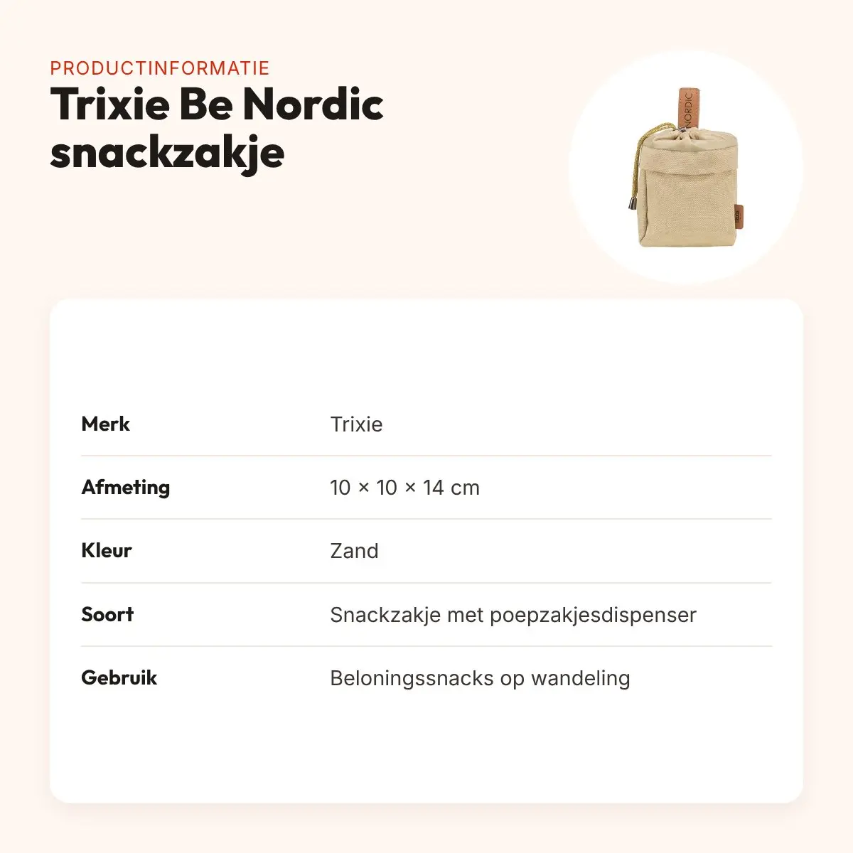 Trixie Be Nordic snackzakje zand 10 x 10 x 14 cm – met poepzakjesdispenser – productinformatie