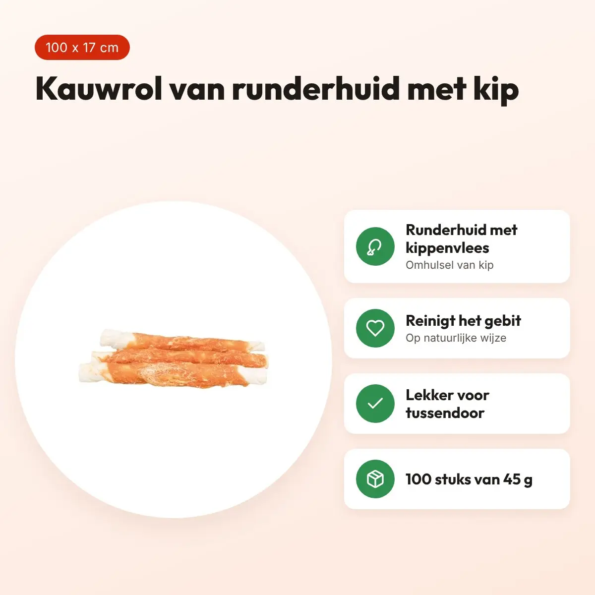 Trixie Denta Fun Chicken Chewing Roll 17 cm 45 g – runderhuid, 100 stuks – voordelen