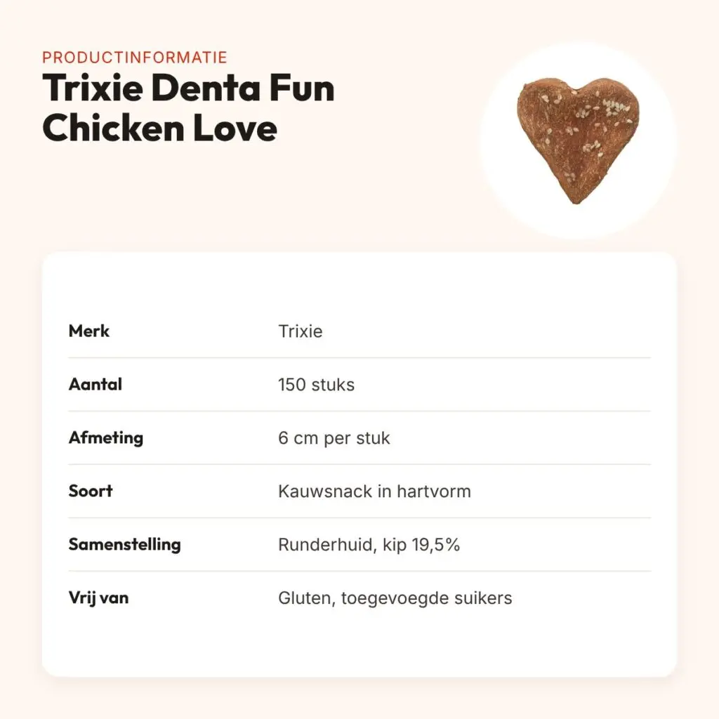 Trixie Denta Fun Chicken Love hartje 6 cm – runderhuid met kip, 150 stuks – productinformatie