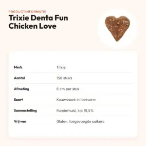 Trixie Denta Fun Chicken Love hartje 6 cm – runderhuid met kip, 150 stuks – productinformatie