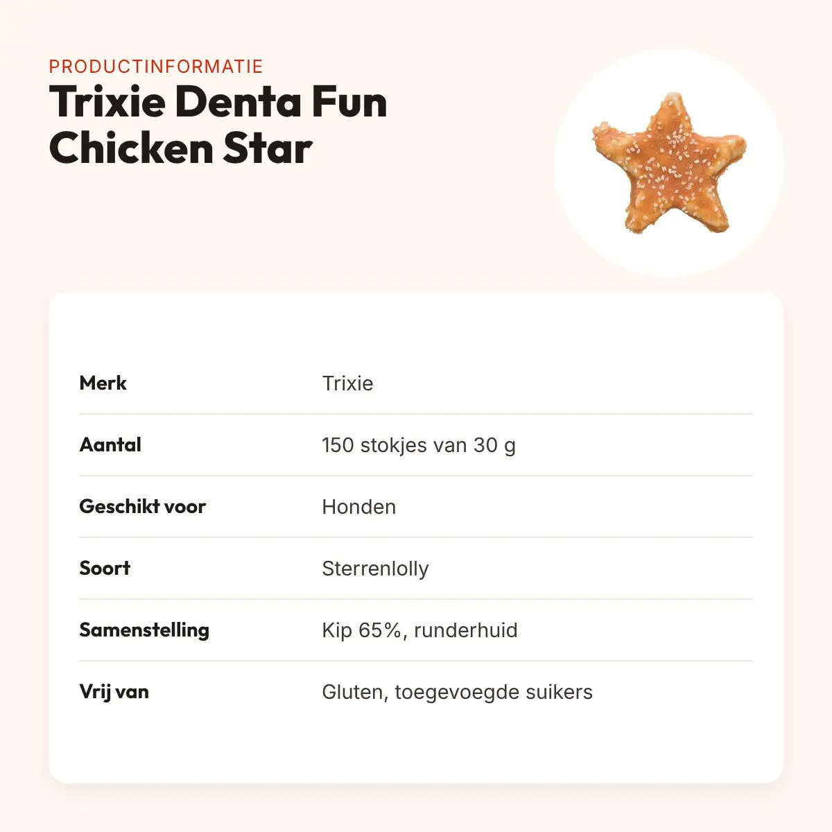 Trixie Denta Fun Chicken Star 30 g – sterrenlolly op runderhuid, 150 stuks – productinformatie