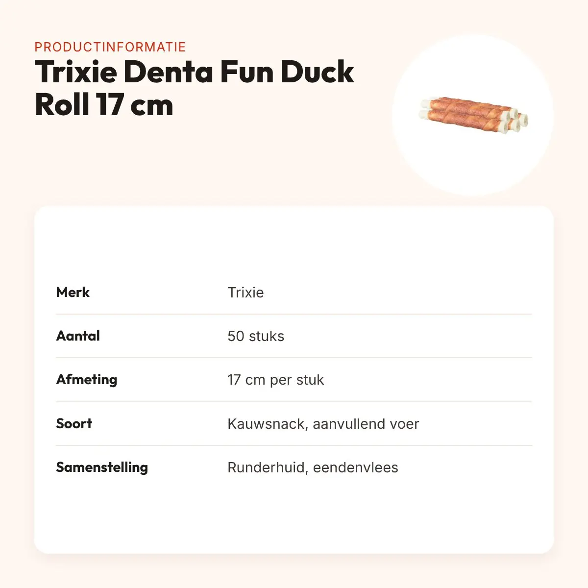 Trixie Denta Fun Duck Roll 17 cm – runderhuid met eend, 50 stuks – productinformatie