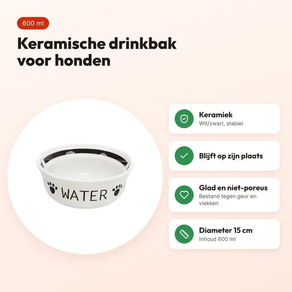 Trixie drinkbak keramiek wit/zwart 600 ml 15 cm – voor honden – voordelen