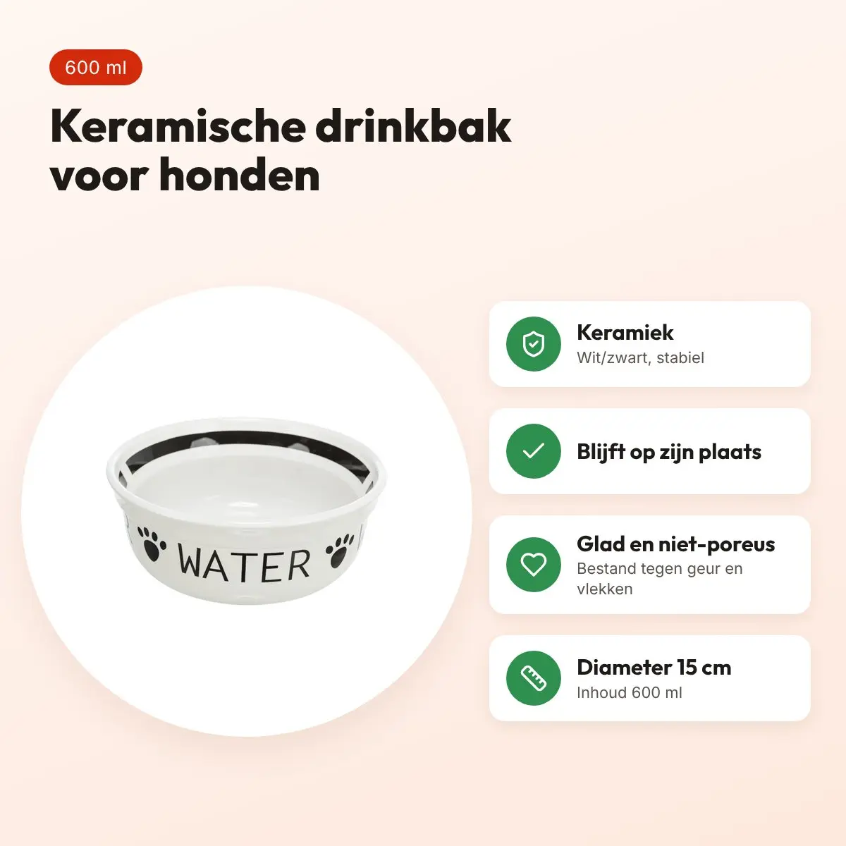 Trixie drinkbak keramiek wit/zwart 600 ml 15 cm – voor honden – voordelen