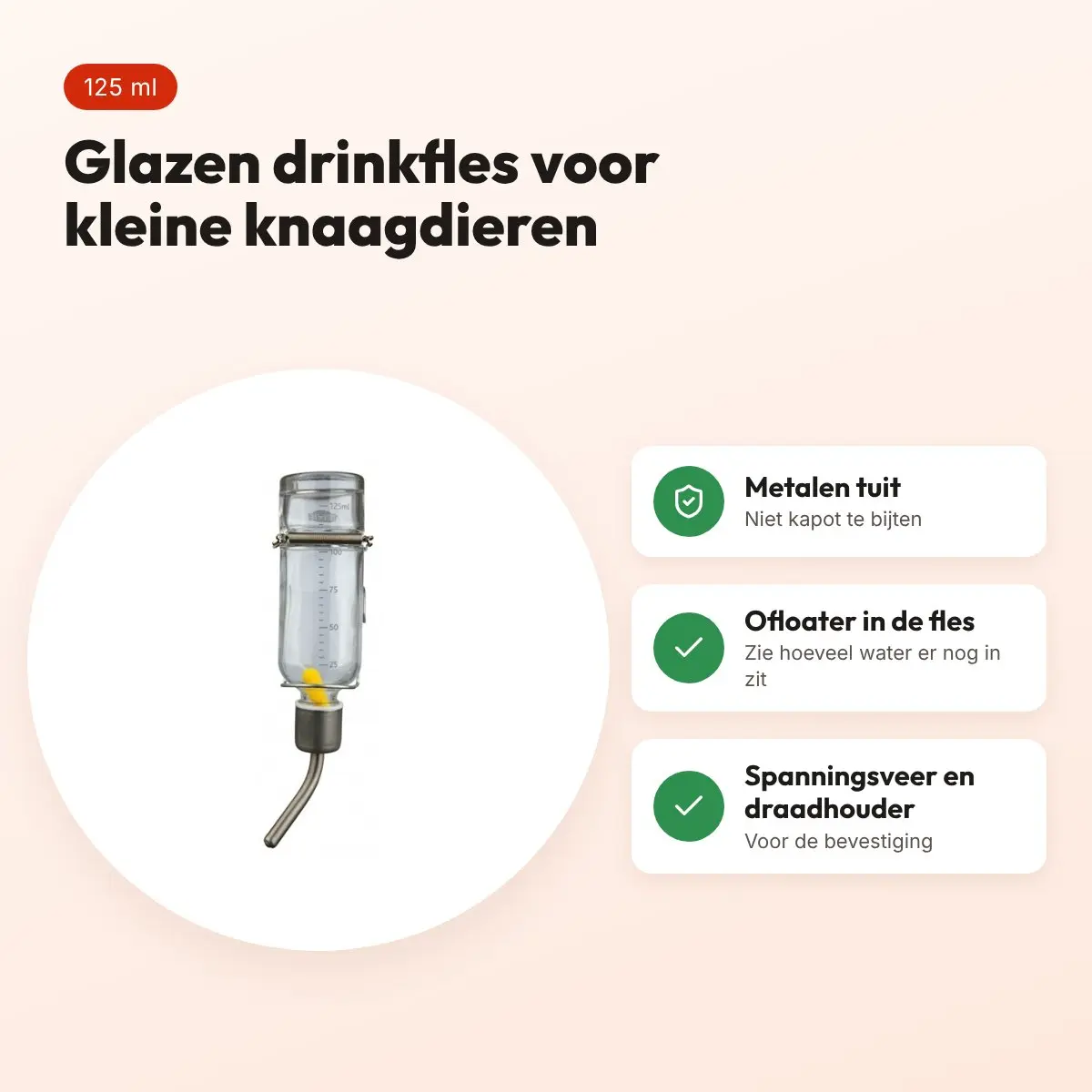 Trixie drinkfles glas 125 ml – hamsters en gerbils, lekvrij – voordelen