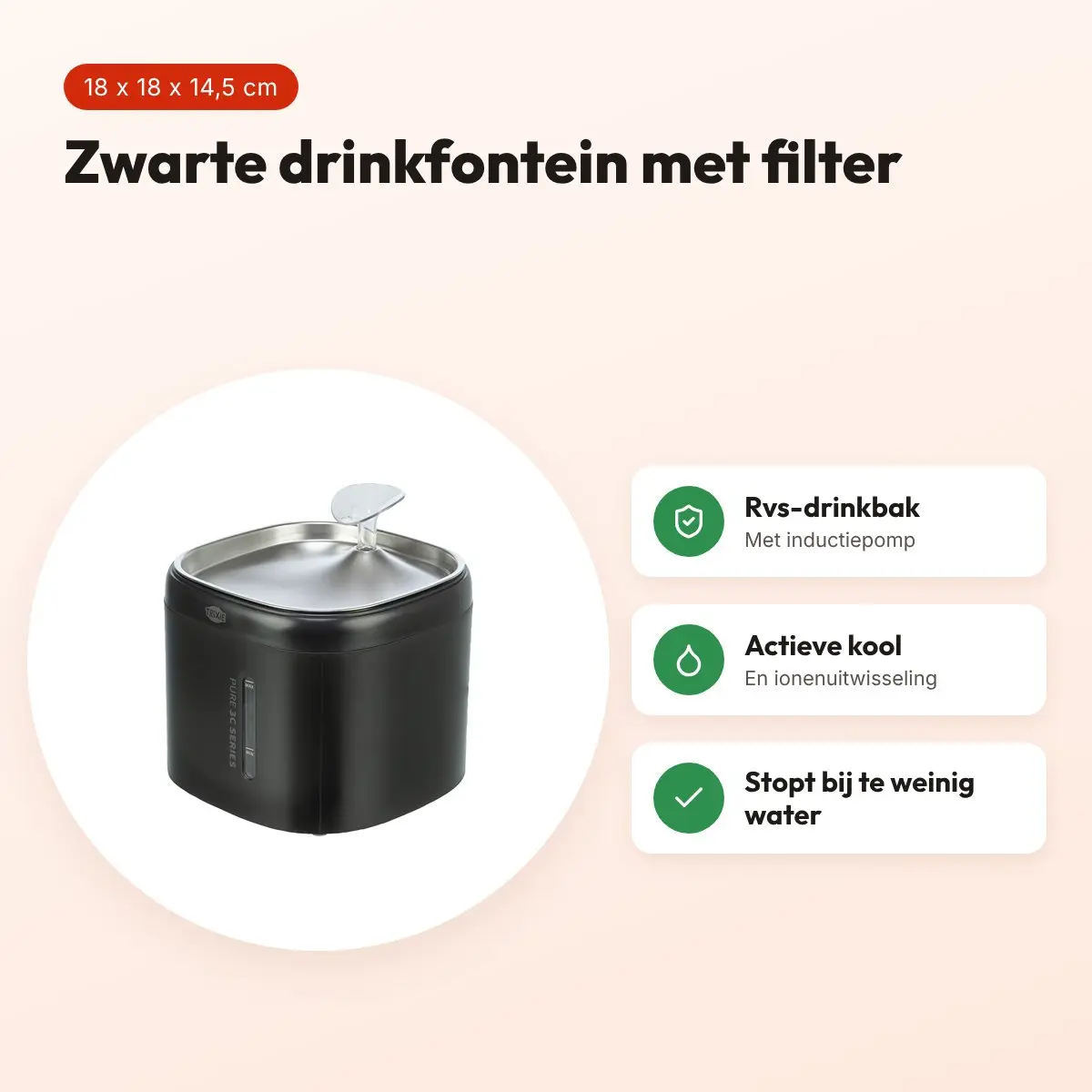 Trixie drinkfontein Aqua Pure kunststof/rvs zwart 18 x 18 x 14,5 cm – voordelen