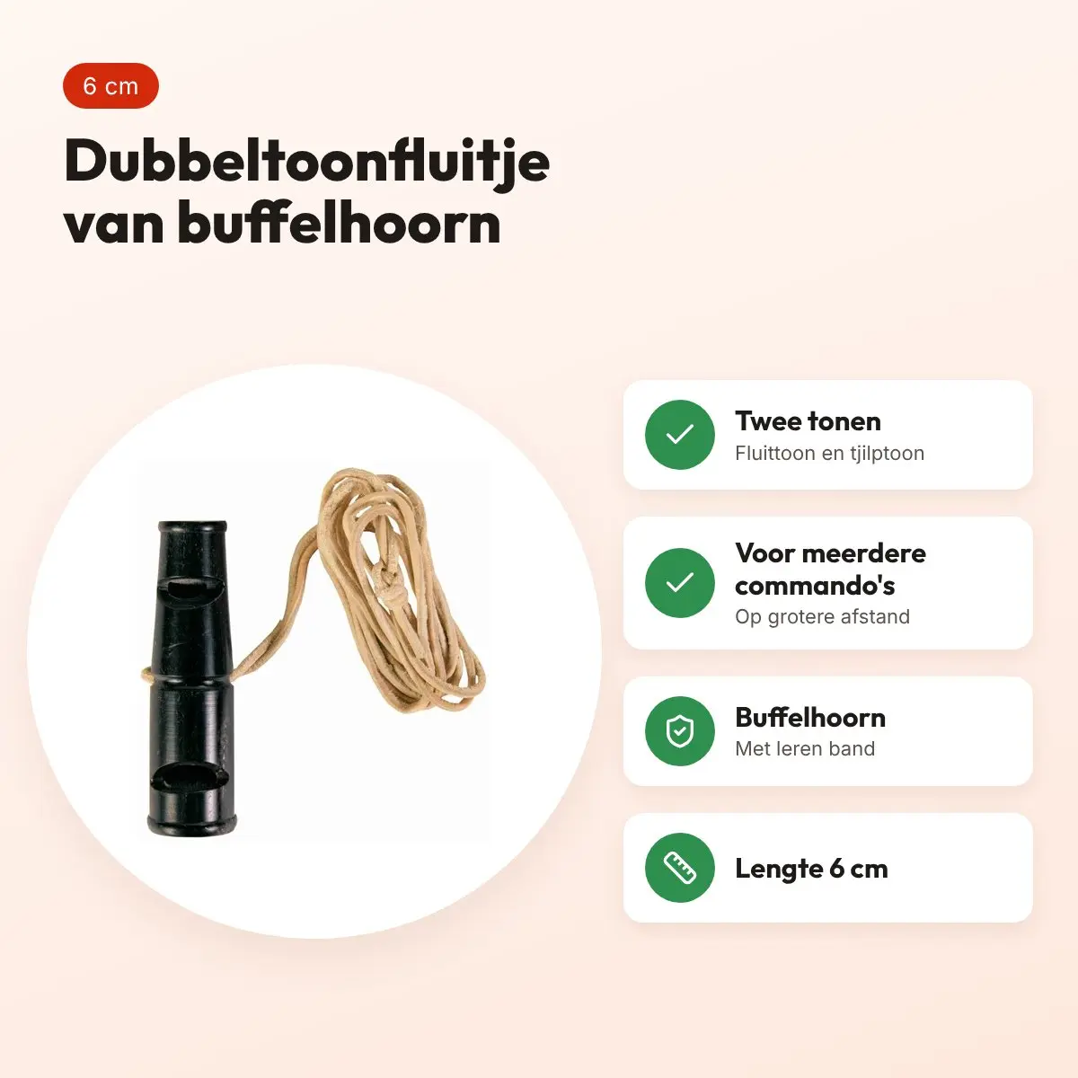 Trixie dubbeltoonfluitje buffelhoorn 6 cm – met leren band – voordelen