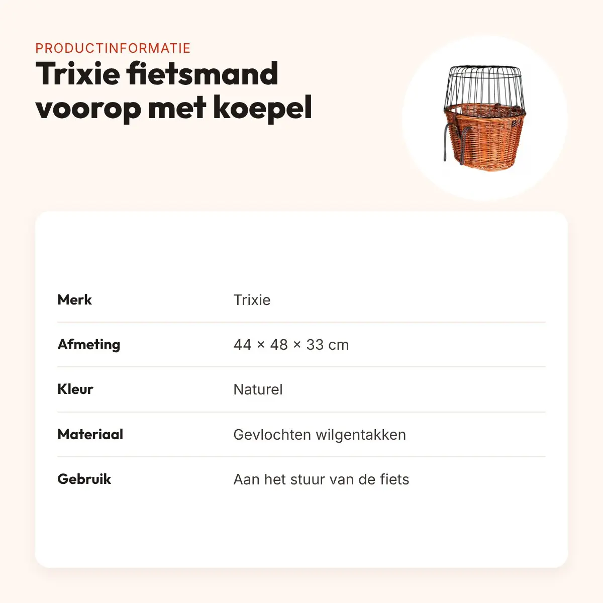 Trixie fietsmand met draadkoepel voorop naturel 44 x 48 x 33 cm – productinformatie