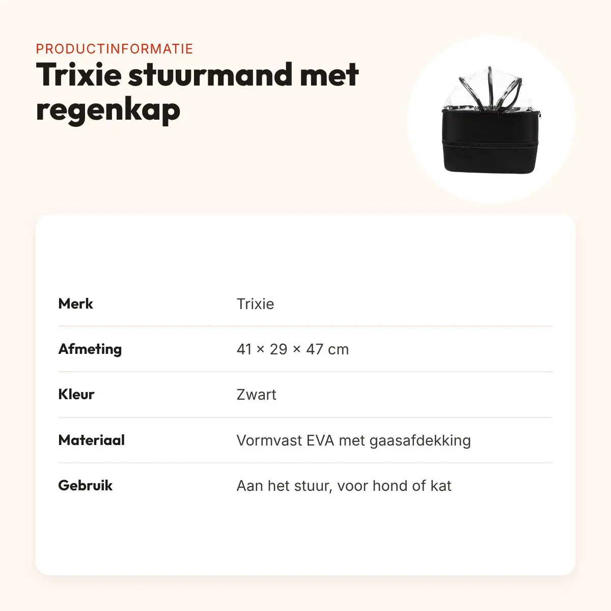 Trixie fietsmand voor op het stuur zwart 41 x 29 x 47 cm – met regenkap – productinformatie