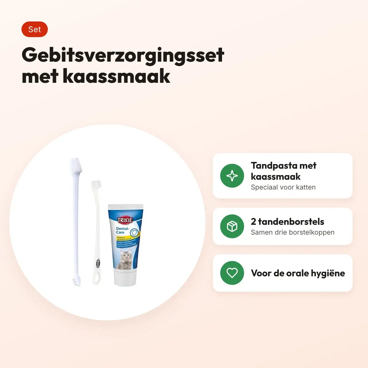 Trixie gebitsverzorgingsset kat – tandpasta kaassmaak, 2 tandenborstels – voordelen