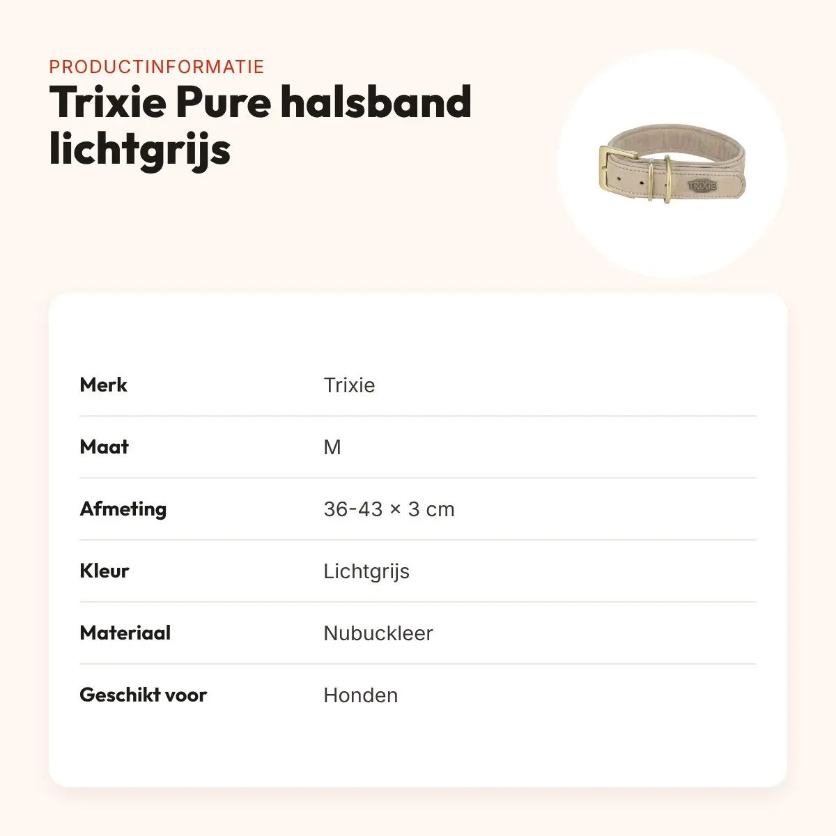Trixie halsband Pure Leer nubuckleer lichtgrijs M 36-43 x 3 cm – productinformatie