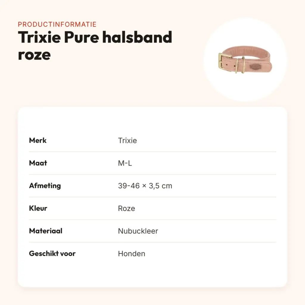 Trixie halsband Pure Leer nubuckleer roze M-L 39-46 x 3,5 cm – productinformatie