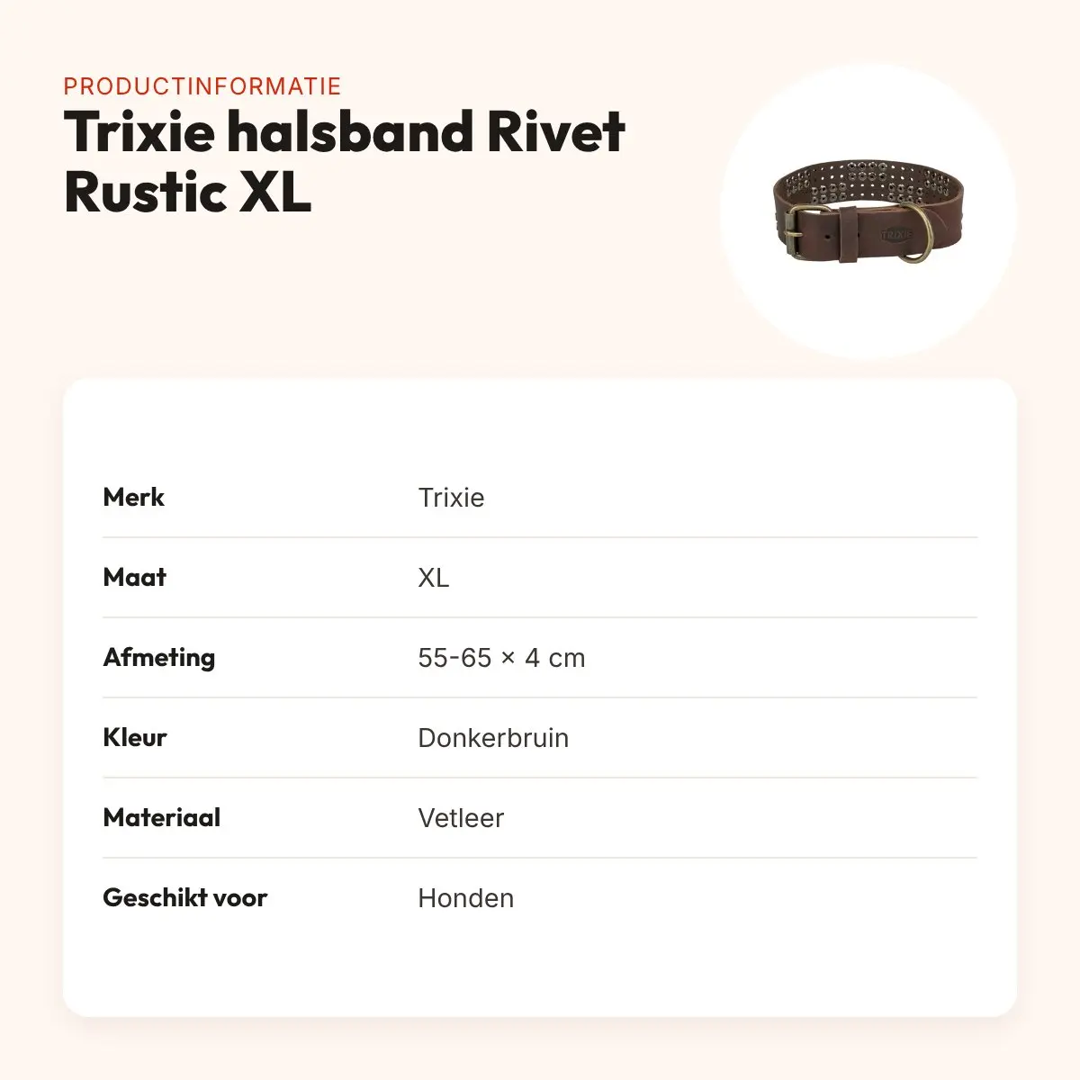Trixie halsband Rivet Rustic vetleer donkerbruin XL 55-65 cm – productinformatie
