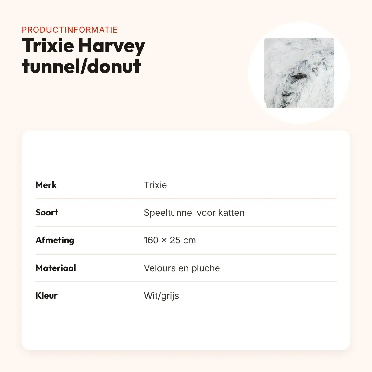 Trixie Harvey pluche speeltunnel/donut wit/grijs 160 x 25 cm – productinformatie