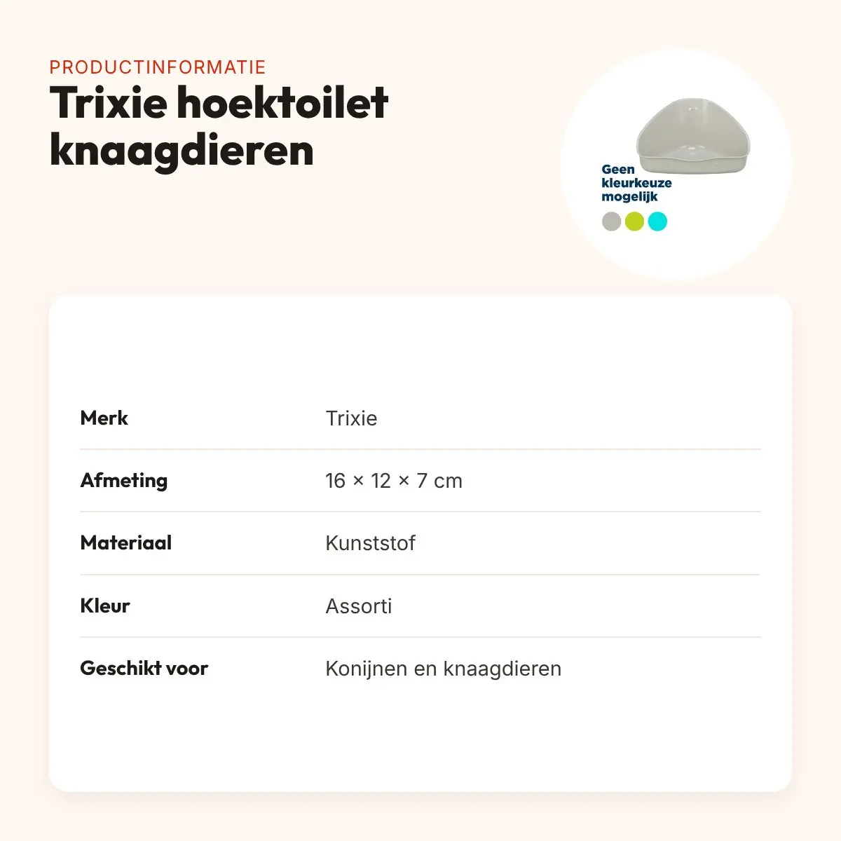 Trixie hoektoilet knaagdieren 16 x 12 x 7 cm – kunststof, assorti kleur – productinformatie