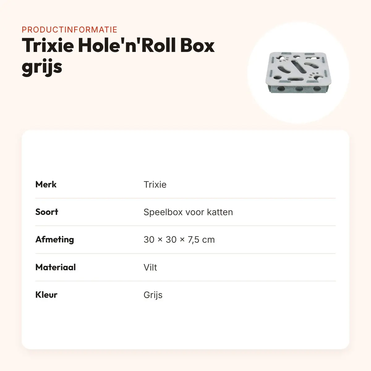 Trixie Hole'n'Roll Box grijs 30 x 30 x 7,5 cm – vilt, voor katten – productinformatie