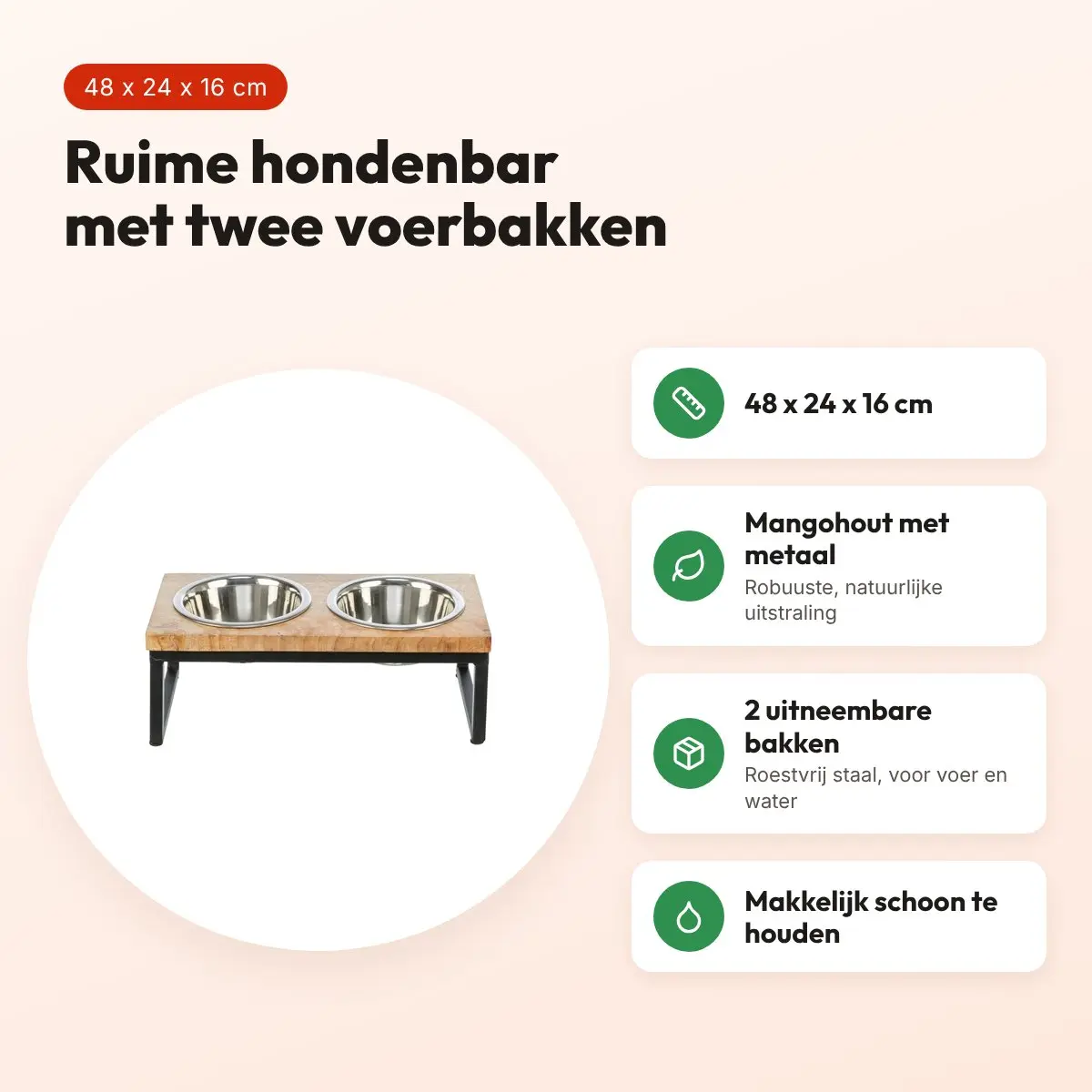 Trixie hondenbar voerbak en drinkbak mangohout zwart/bruin 48 x 24 x 16 cm – voordelen