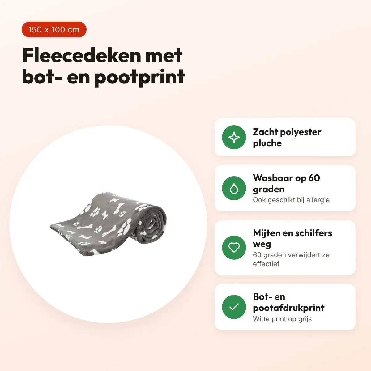 Trixie hondendeken Kenny grijs 150 x 100 cm – fleece met bot- en pootprint – voordelen