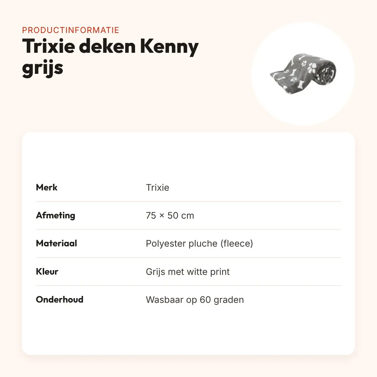 Trixie hondendeken Kenny grijs 75 x 50 cm – fleece met bot- en pootprint – productinformatie