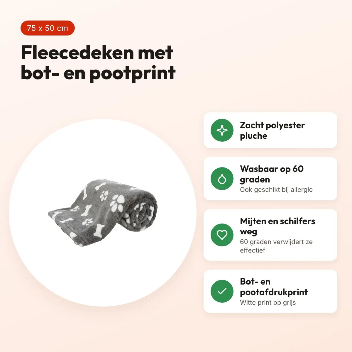 Trixie hondendeken Kenny grijs 75 x 50 cm – fleece met bot- en pootprint – voordelen