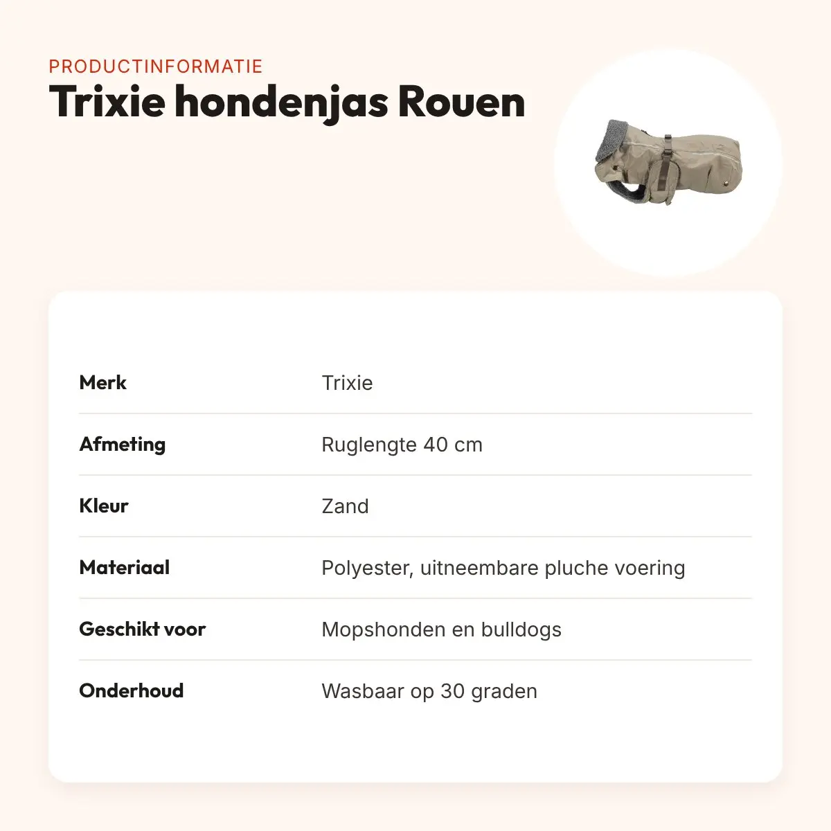 Trixie hondenjas Rouen zand 40 cm – voor mopshonden en bulldogs – productinformatie