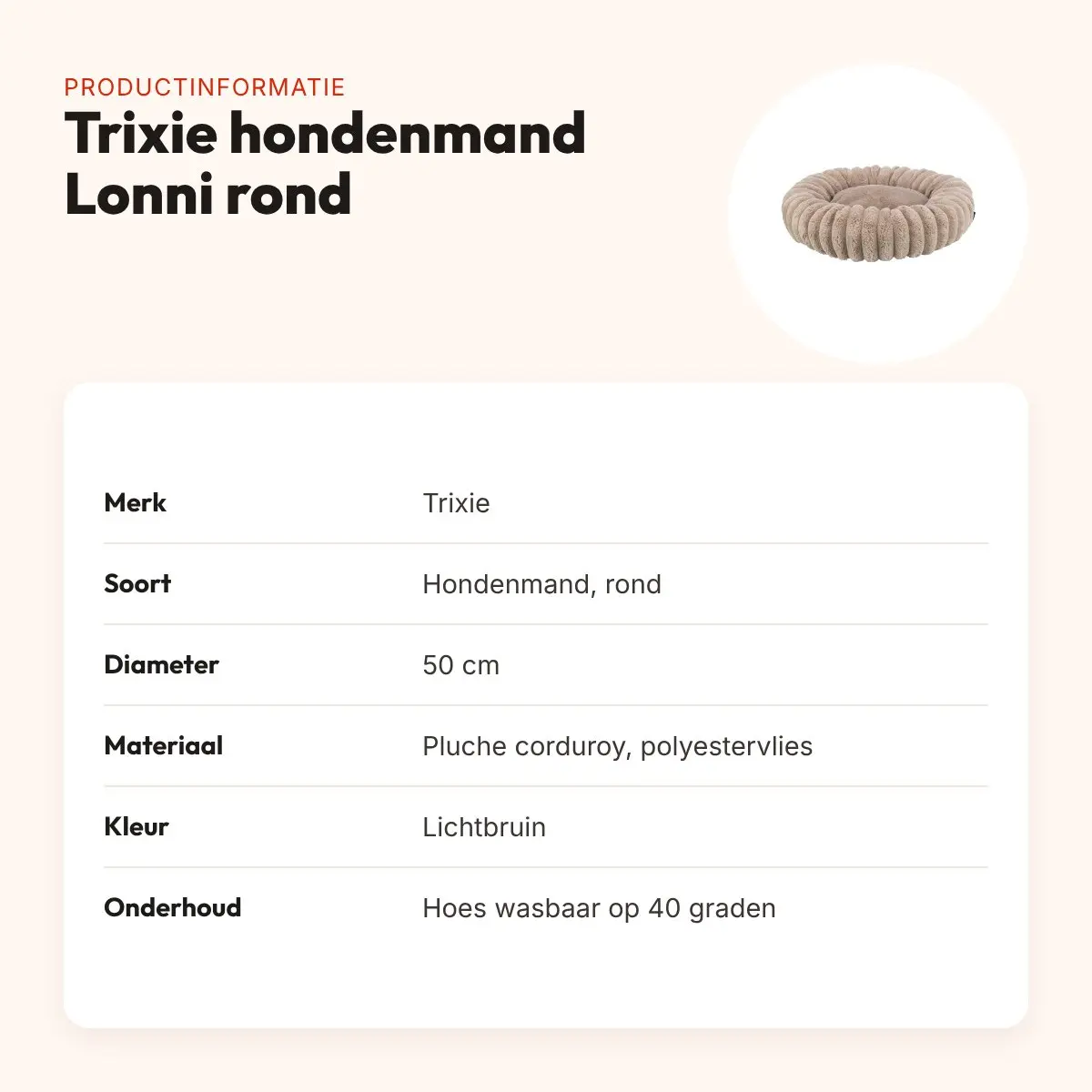 Trixie hondenmand Lonni rond lichtbruin 50 cm – pluche corduroy, antislip – productinformatie