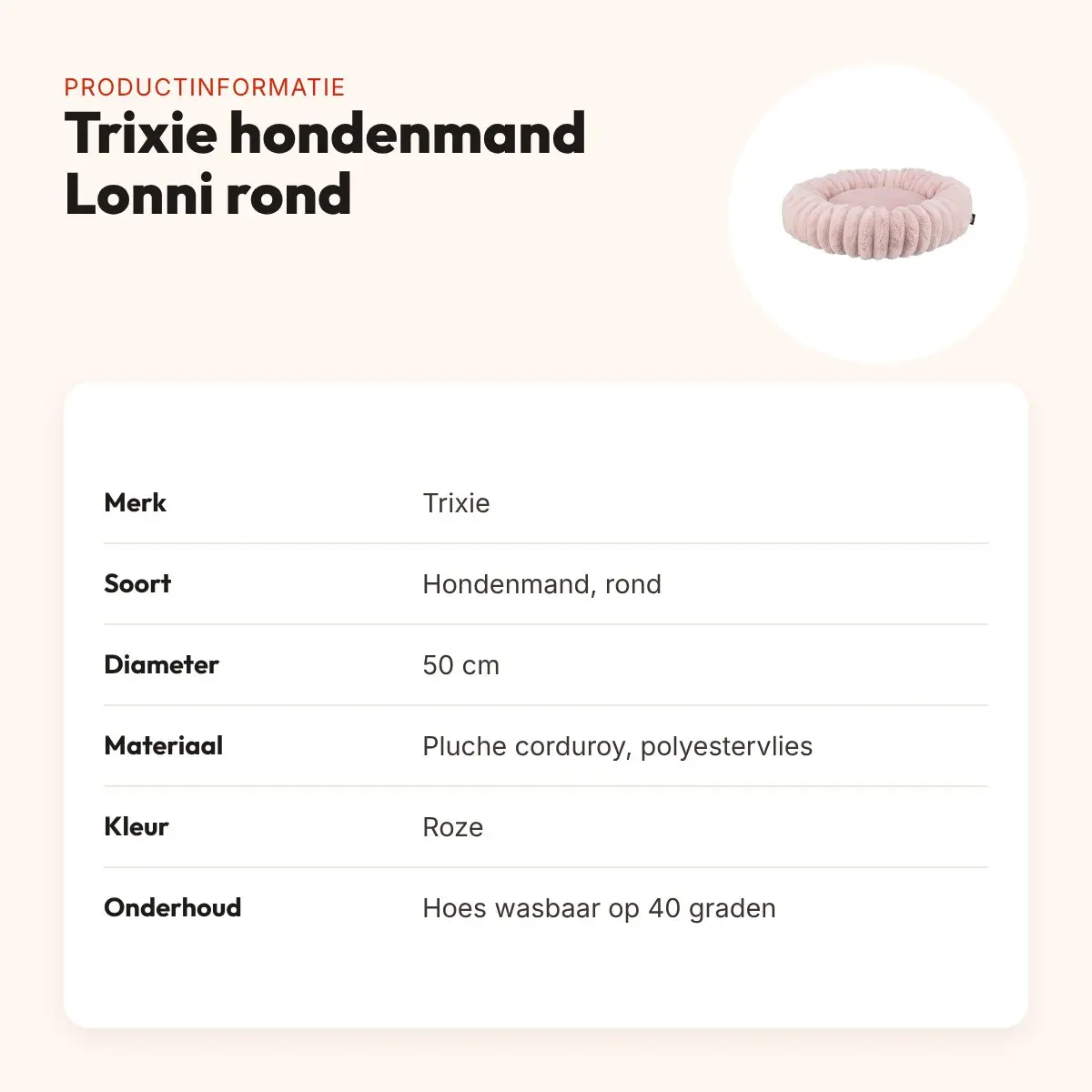 Trixie hondenmand Lonni rond roze 50 cm – pluche corduroy, antislip – productinformatie