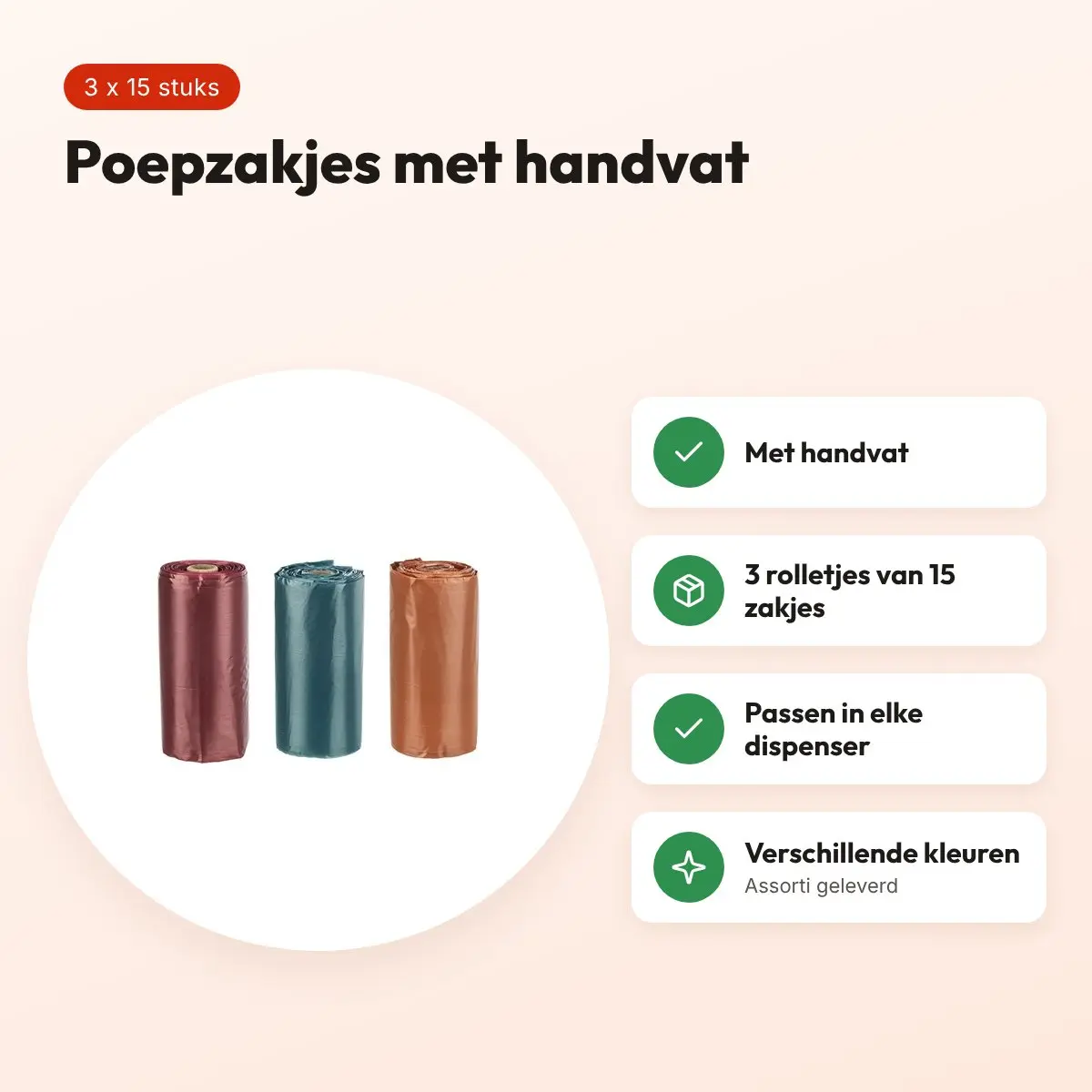 Trixie hondenpoepzakjes met handvat 3 x 15 stuks – assorti – voordelen