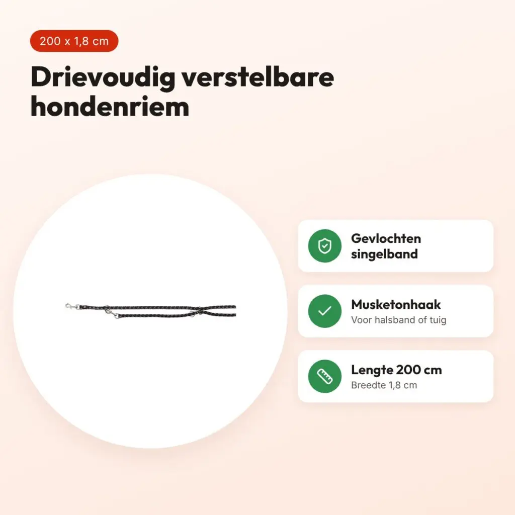 Trixie hondenriem Cavo verstelbaar zwart/grijs 200 x 1,8 cm – voordelen