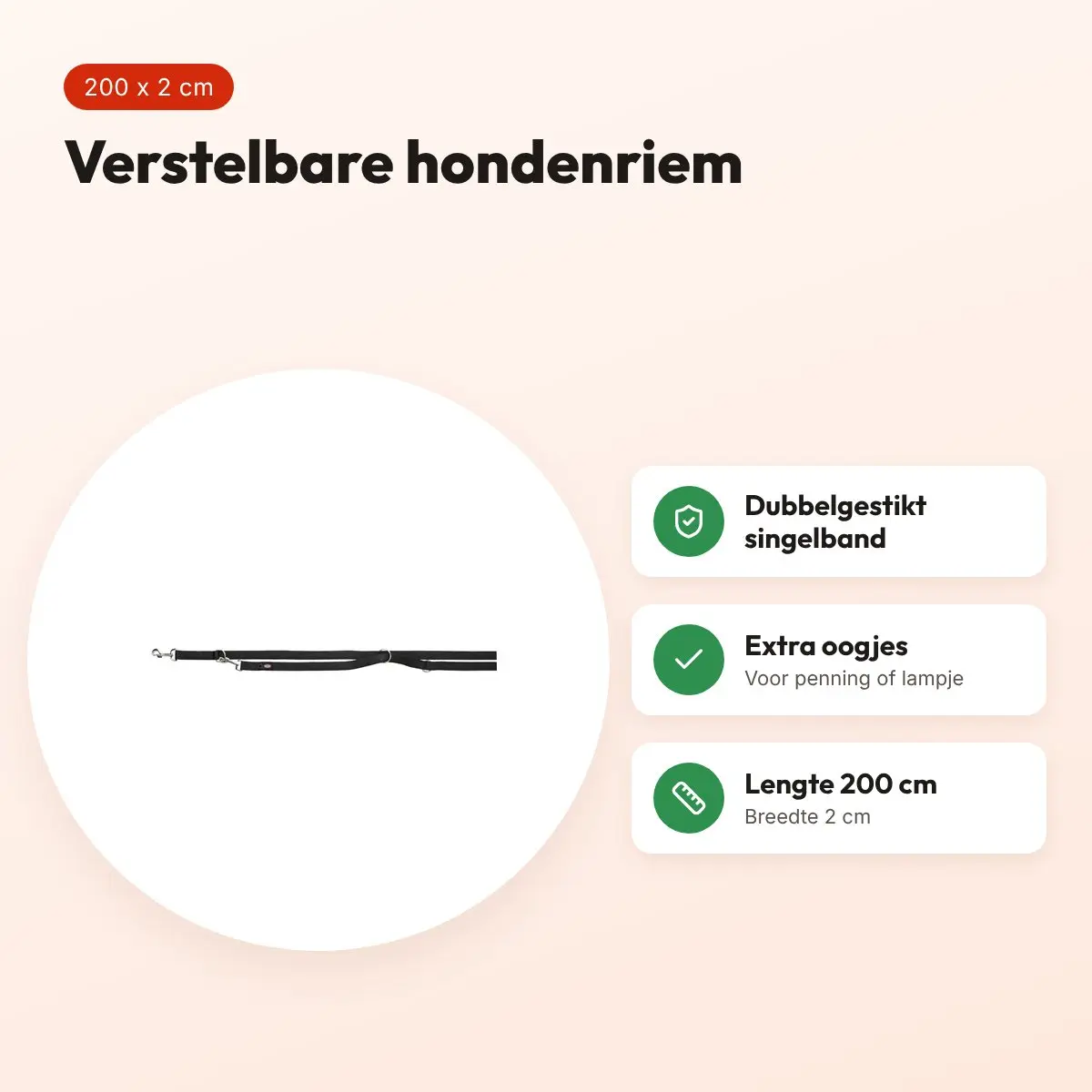 Trixie hondenriem Premium dubbelgestikt verstelbaar zwart 200 x 2 cm – voordelen