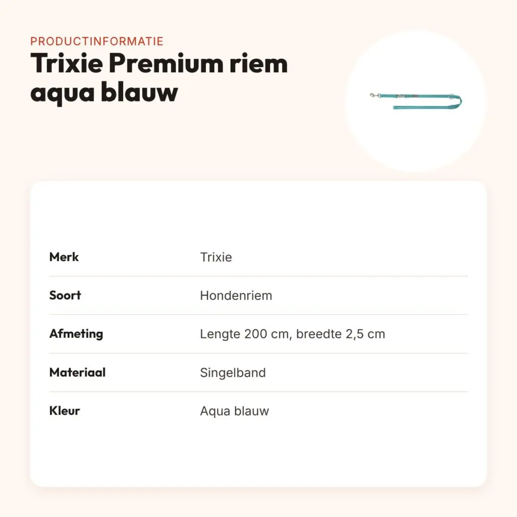 Trixie hondenriem Premium verstelbaar aqua blauw 200 x 2,5 cm – productinformatie