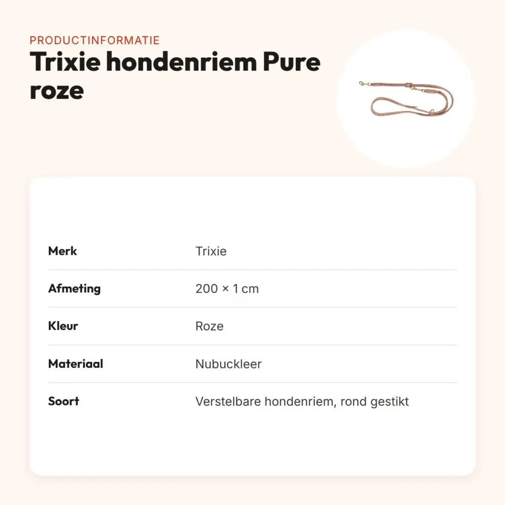 Trixie hondenriem Pure nubuckleer roze 200 x 1 cm – rond gestikt – productinformatie