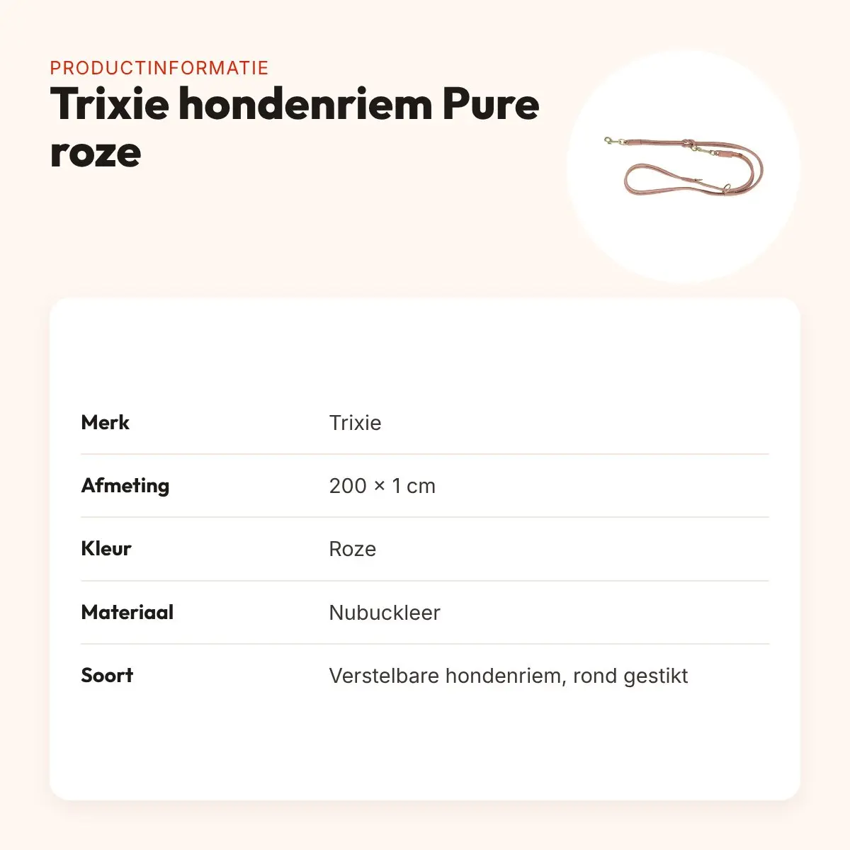 Trixie hondenriem Pure nubuckleer roze 200 x 1 cm – rond gestikt – productinformatie