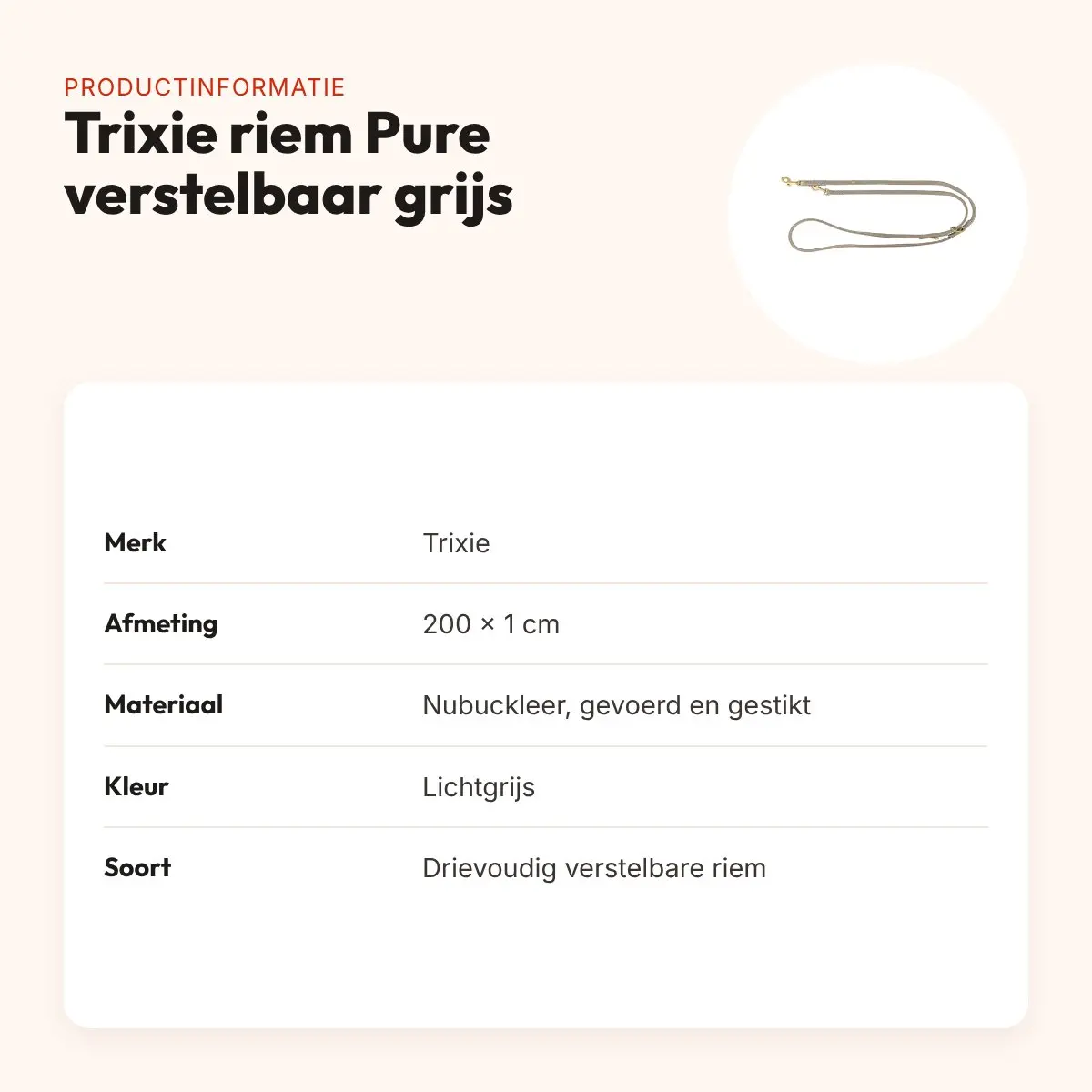 Trixie hondenriem Pure verstelbaar leer lichtgrijs 200 x 1 cm – productinformatie
