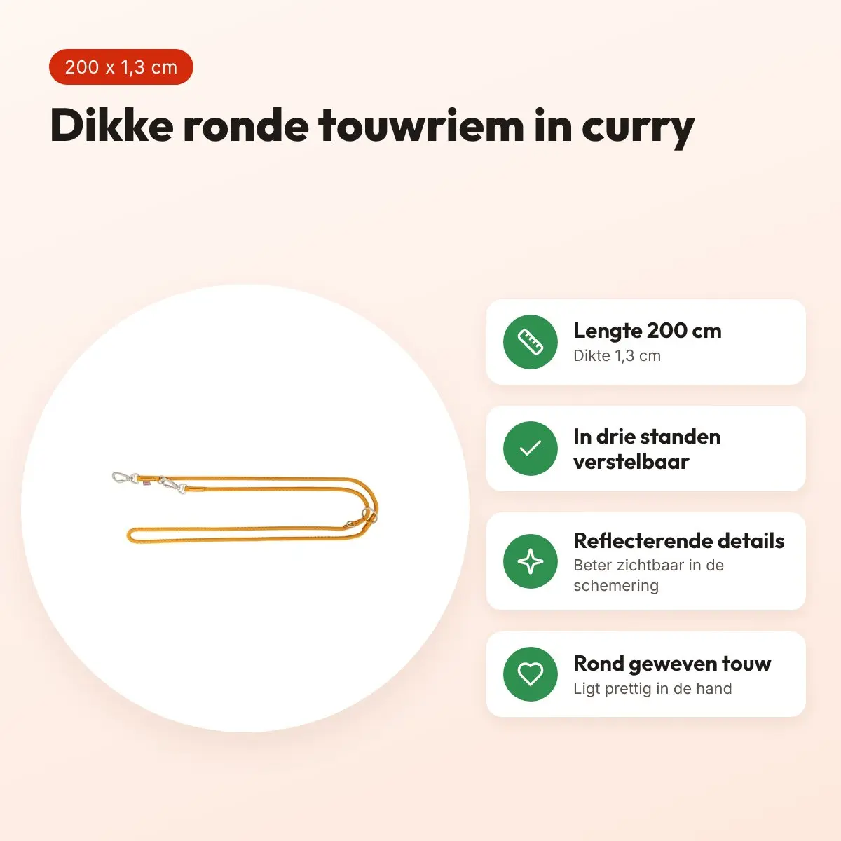 Trixie hondenriem Summit verstelbaar rond touw curry 200 x 1,3 cm – voordelen