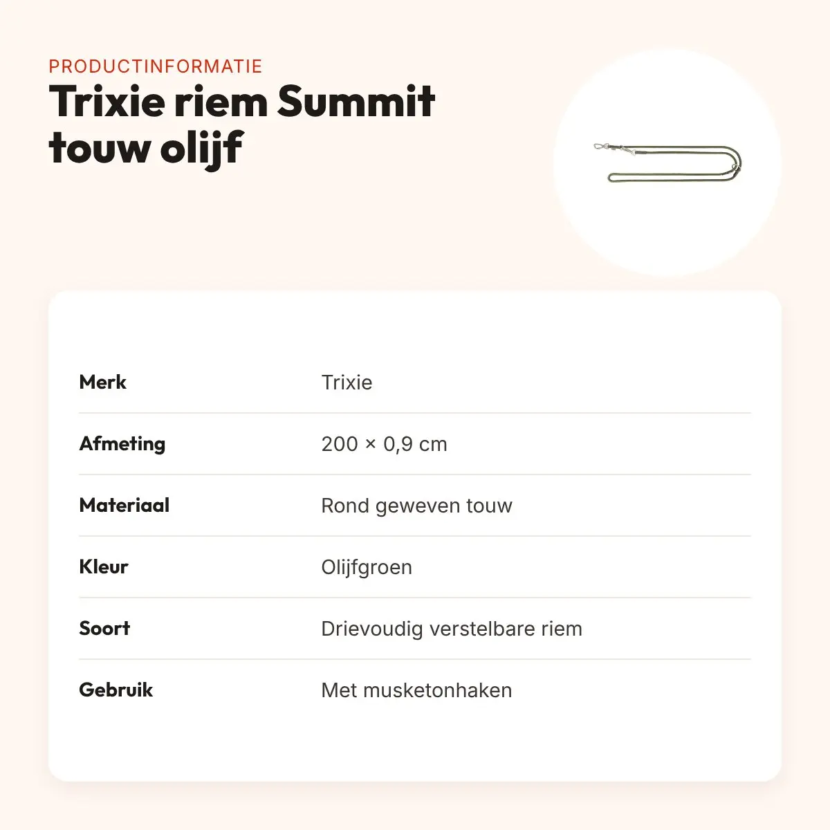 Trixie hondenriem Summit verstelbaar rond touw olijfgroen 200 x 0,9 cm – productinformatie
