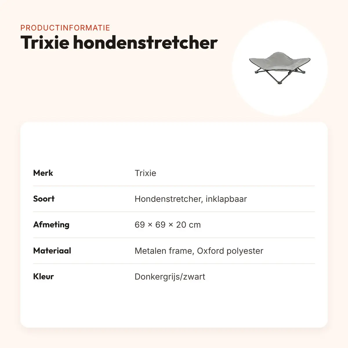 Trixie hondenstretcher donkergrijs/zwart 69 x 69 x 20 cm – met transporttas – productinformatie