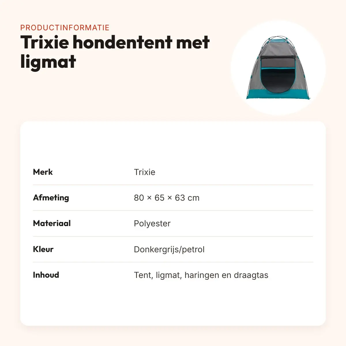 Trixie hondentent donkergrijs/petrol 80 x 65 x 63 cm – met ligmat – productinformatie