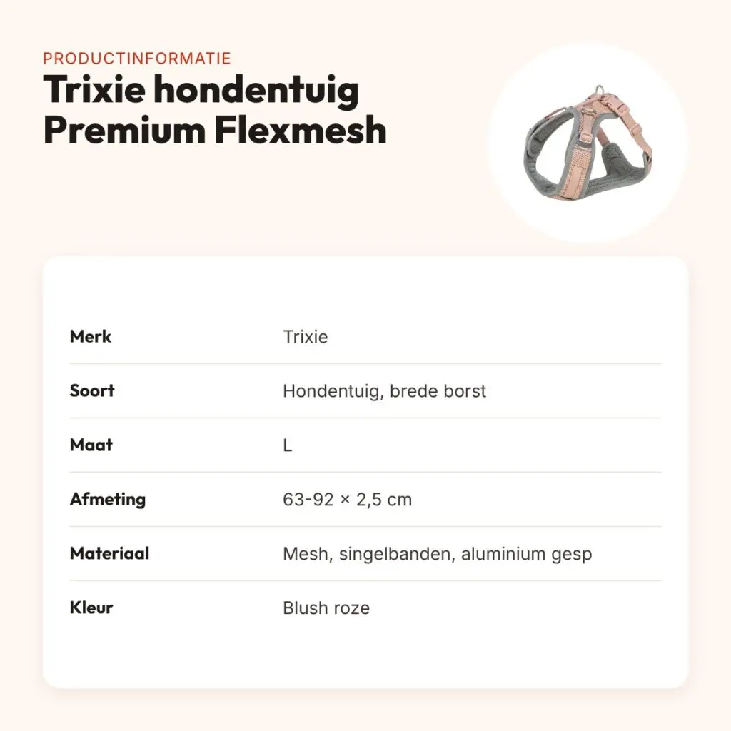 Trixie hondentuig Premium Flexmesh brede borst blush roze L 63-92 x 2,5 cm – productinformatie