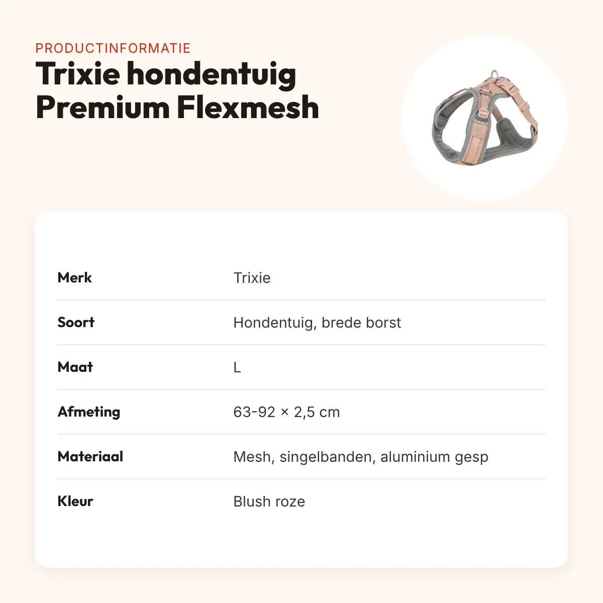 Trixie hondentuig Premium Flexmesh brede borst blush roze L 63-92 x 2,5 cm – productinformatie