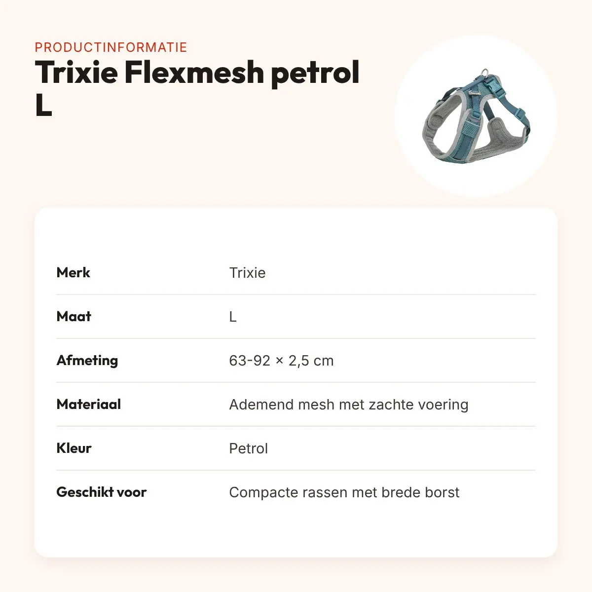 Trixie hondentuig Premium Flexmesh brede borst petrol L 63-92 x 2,5 cm – productinformatie