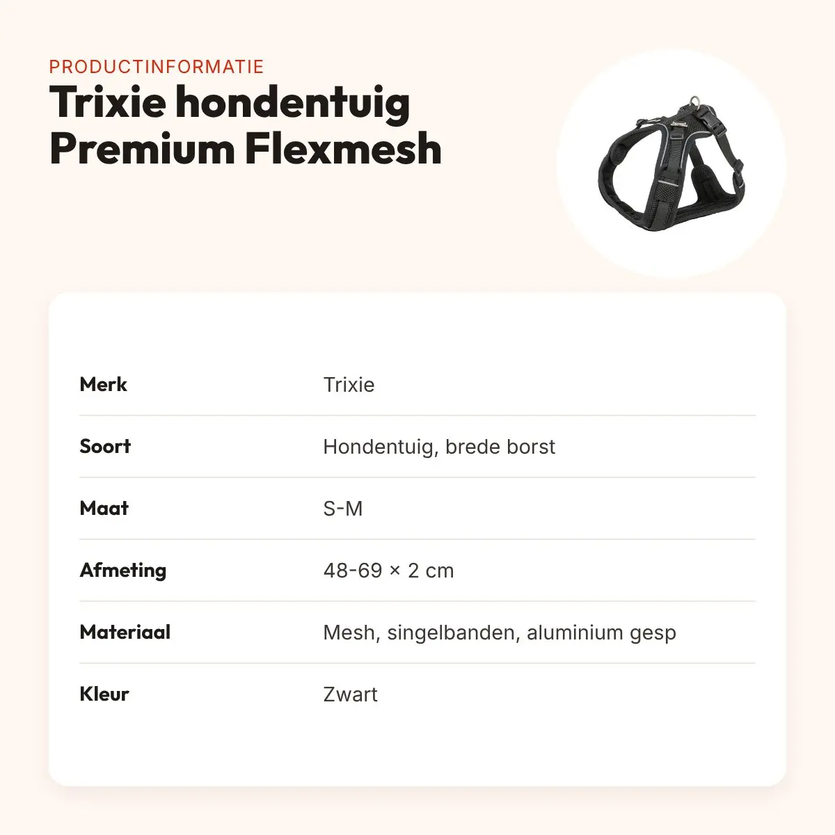 Trixie hondentuig Premium Flexmesh brede borst zwart S-M 48-69 x 2 cm – productinformatie