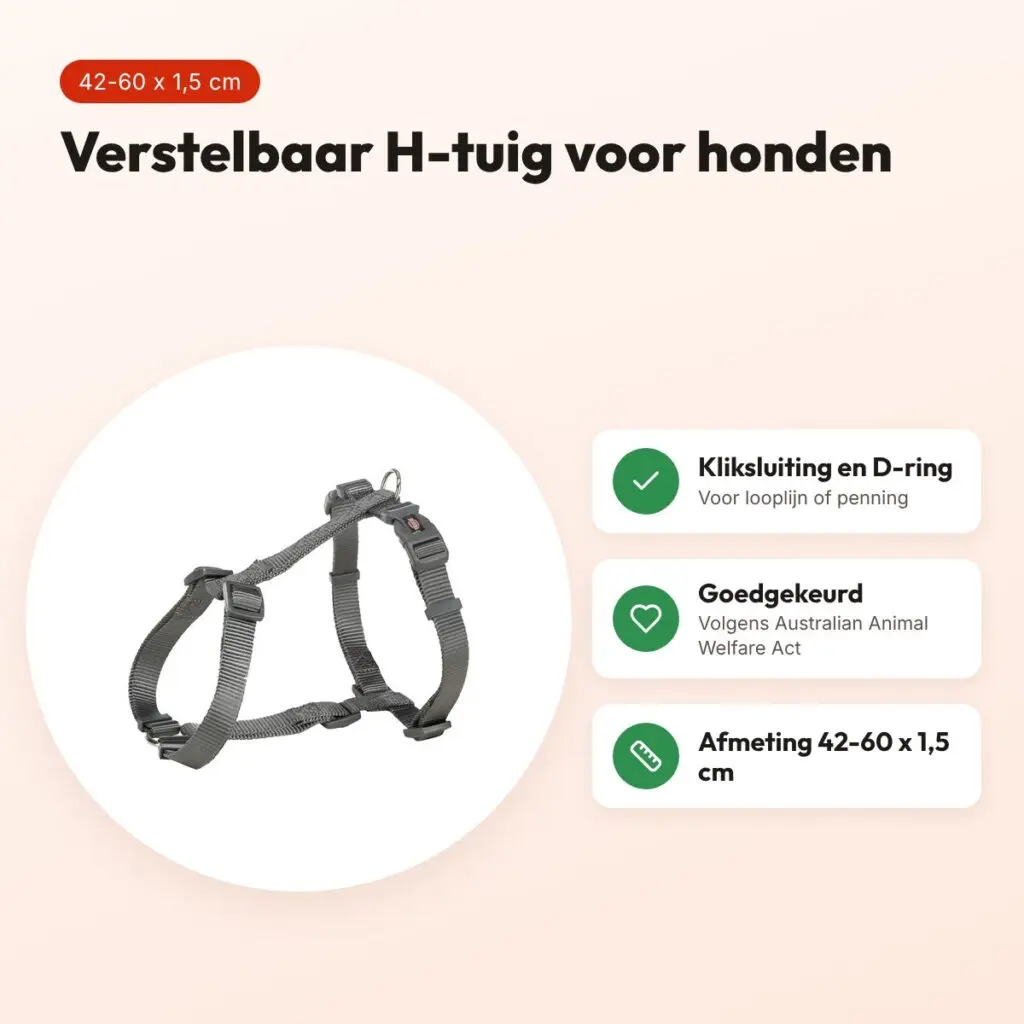 Trixie hondentuig Premium H grijs 42-60 x 1,5 cm – verstelbaar – voordelen
