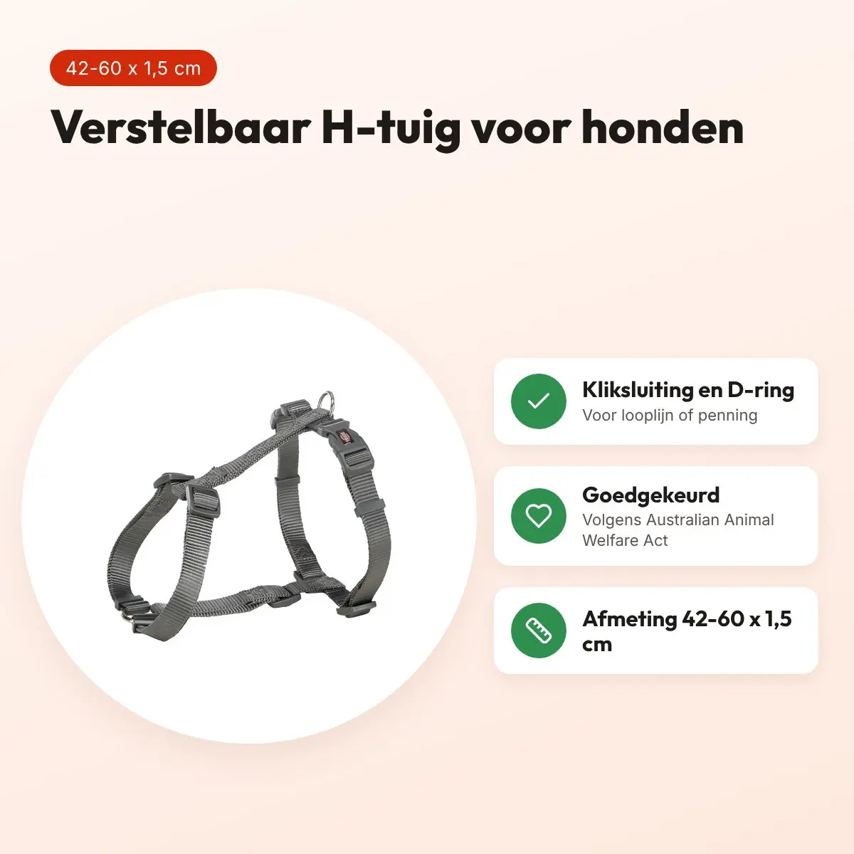 Trixie hondentuig Premium H grijs 42-60 x 1,5 cm – verstelbaar – voordelen
