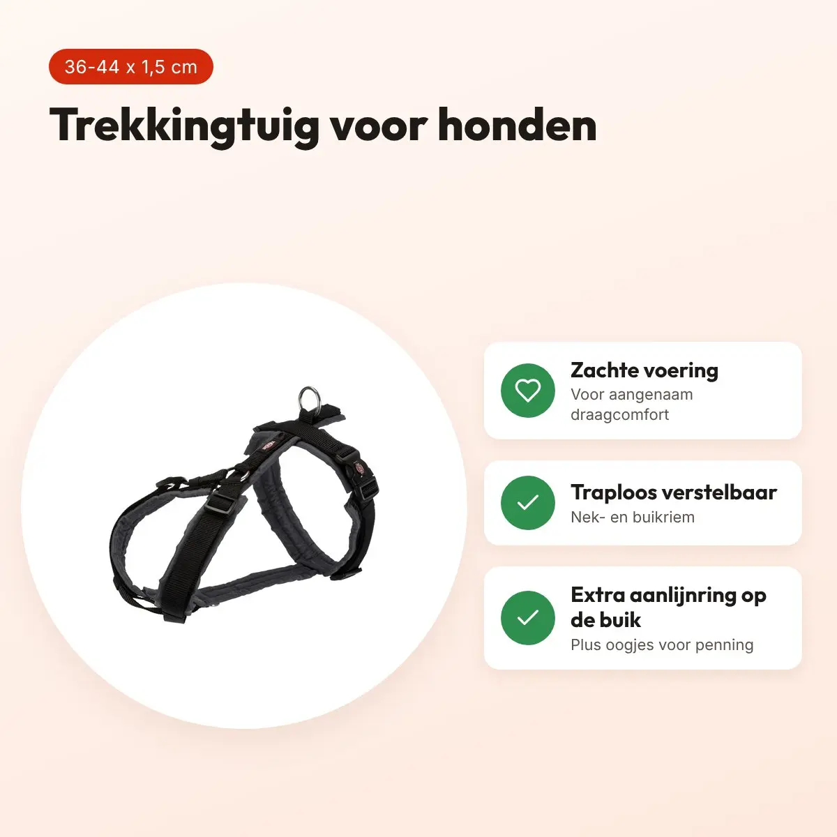 Trixie hondentuig Premium Trekking zwart/grijs 36-44 cm – gevoerd – voordelen