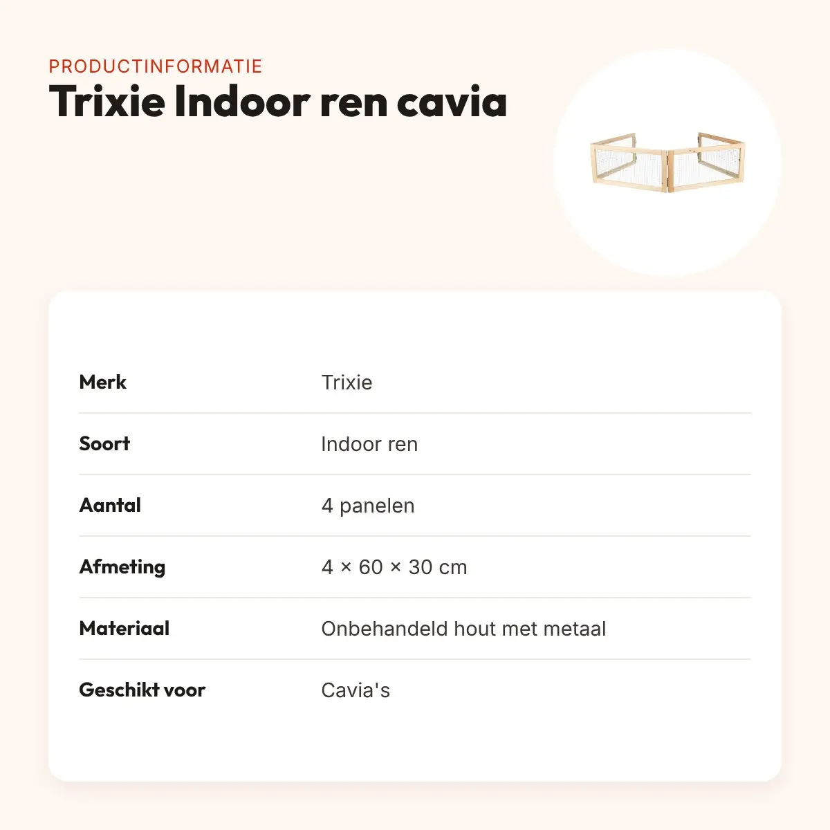 Trixie Indoor ren cavia 4 panelen 4 x 60 x 30 cm – hout, uitbreidbaar – productinformatie