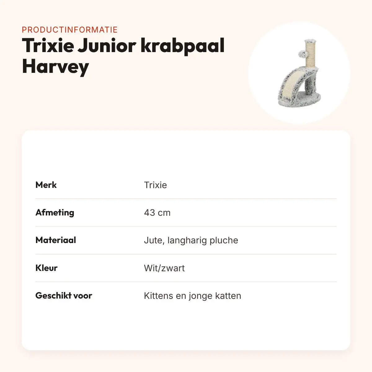 Trixie Junior krabpaal Harvey met borstel wit/zwart 43 cm – productinformatie