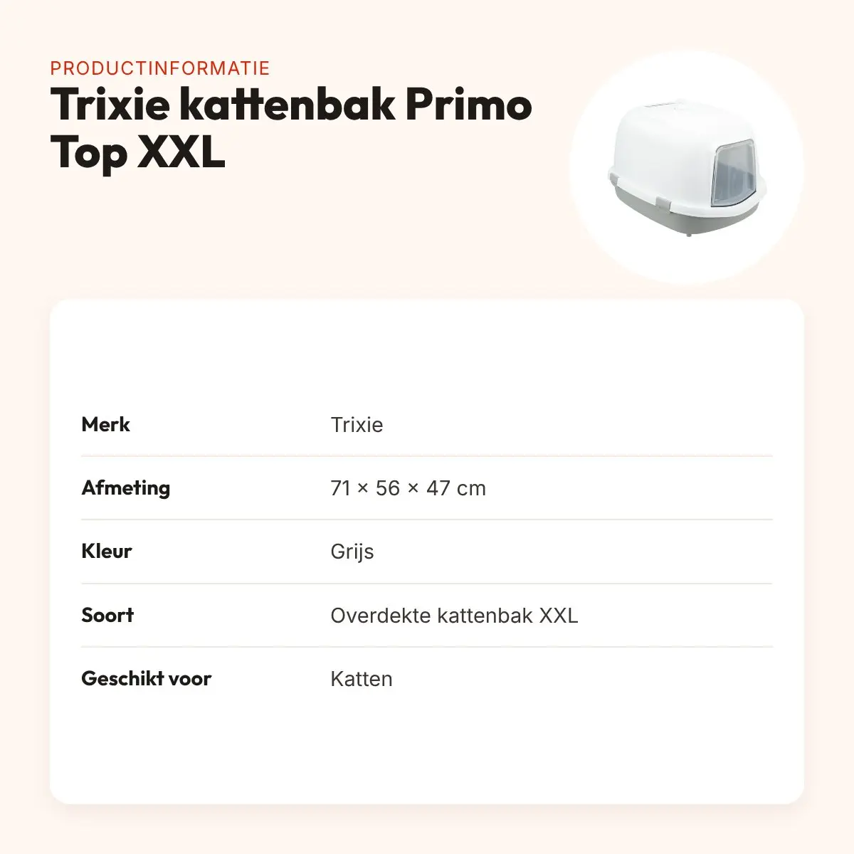 Trixie kattenbak Primo Top XXL grijs 71 x 56 x 47 cm – overdekt – productinformatie